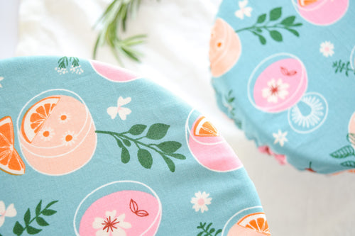 reusable dish cover closeup teal print with cocktails