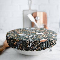 Eco-friendly reusable dish cover, black with botanicals, campers, tents, etc.