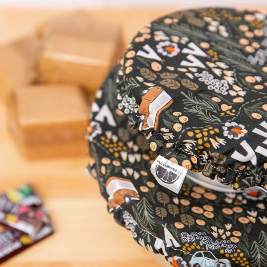 Eco-friendly reusable dish cover, black with botanicals, campers, tents, etc.