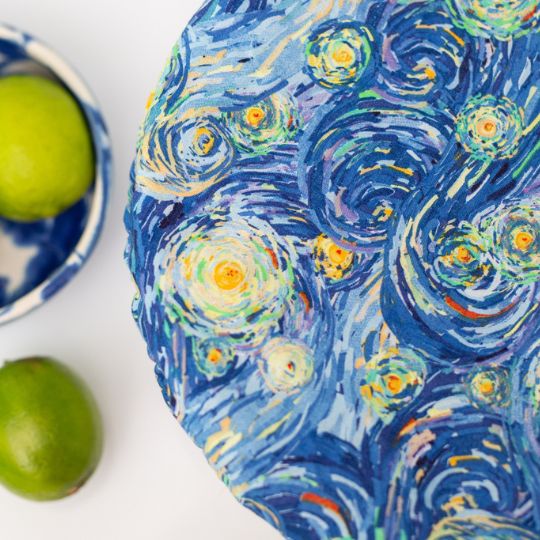 Eco-friendly reusable dish cover, a swirly blue print inspired by Van Gogh's Starry Night