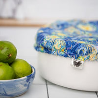 Eco-friendly reusable dish cover, a swirly blue print inspired by Van Gogh's Starry Night