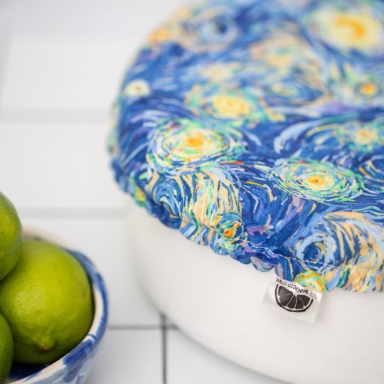 Eco-friendly reusable dish cover, a swirly blue print inspired by Van Gogh's Starry Night