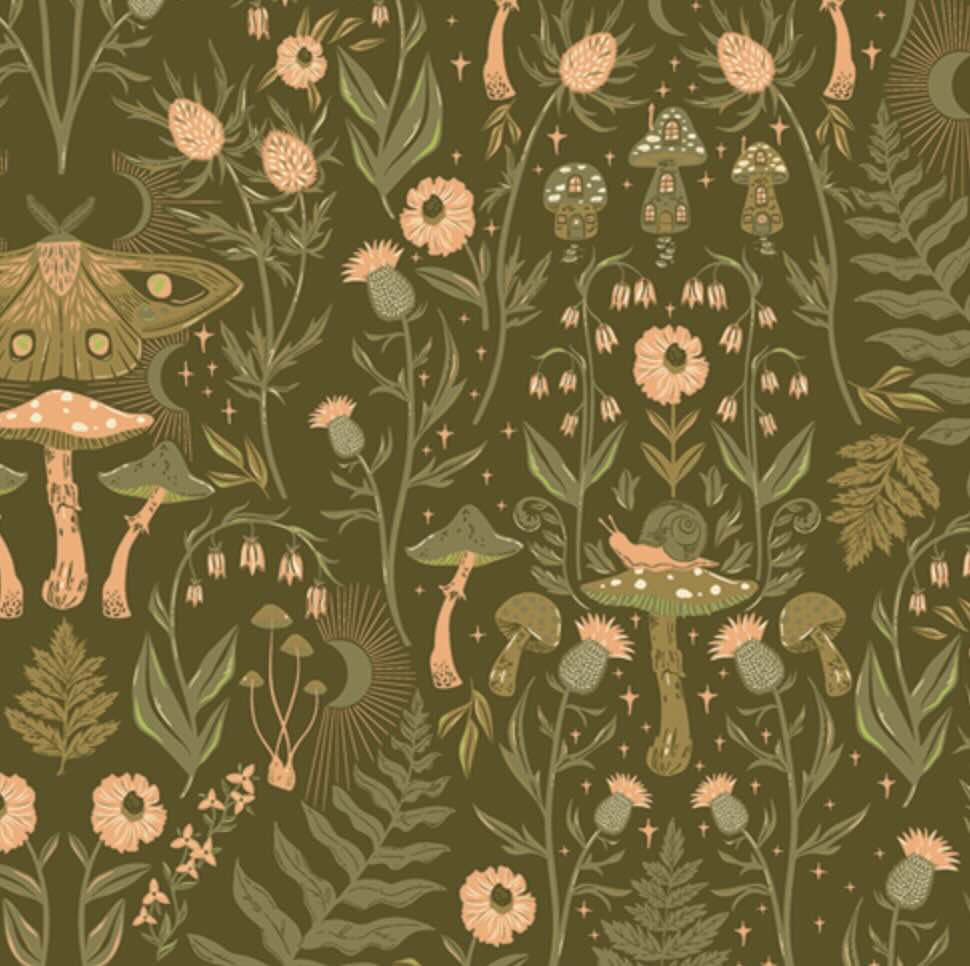 Folklore-style pattern with mushrooms, flowers, and leaves on a dark green background