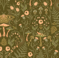 Folklore-style pattern with mushrooms, flowers, and leaves on a dark green background