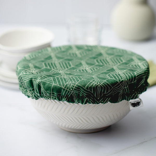 Emerald Green Reusable DIsh Cover on a white Bowl