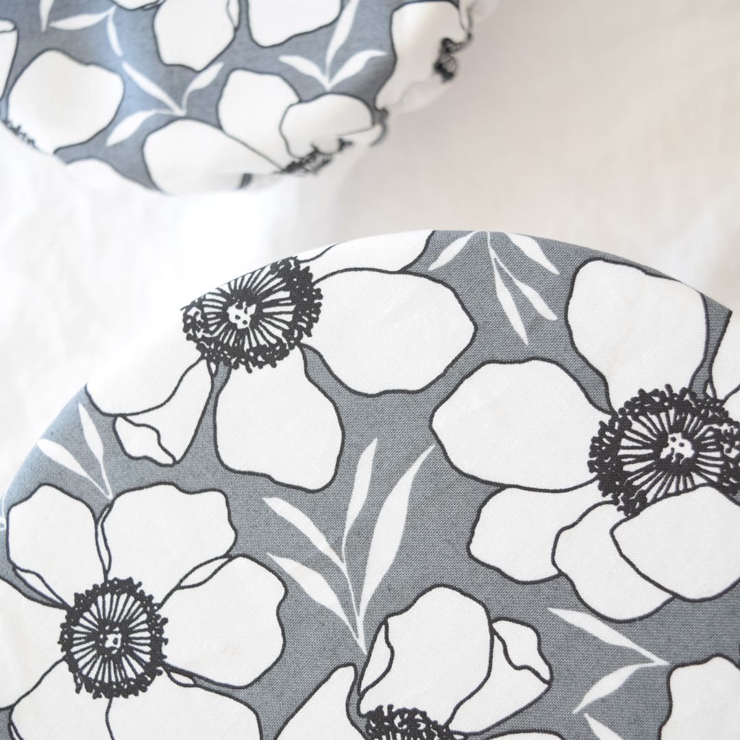 Reusable Dish Cover; slate gray with white anemone flower print