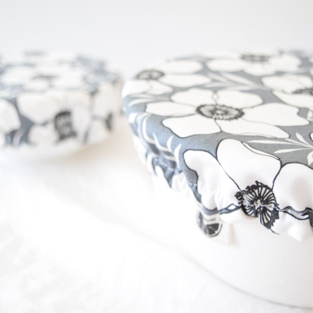 Reusable Dish Cover; slate gray with white anemone flower print