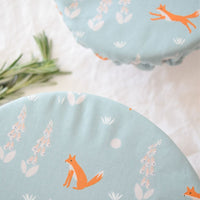 Reusable Dish Cover; aqua blue with orange foxes and delicate floral print