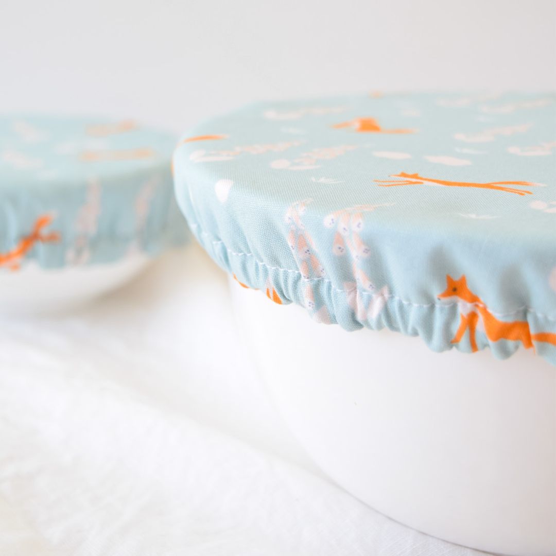 Reusable Dish Cover; aqua blue with orange foxes and delicate floral print