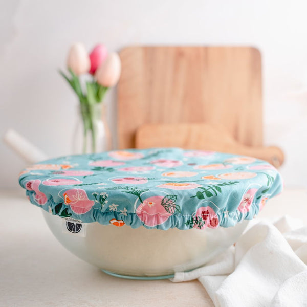 Reusable Dish Cover; turquoise with pink and orange cocktails print